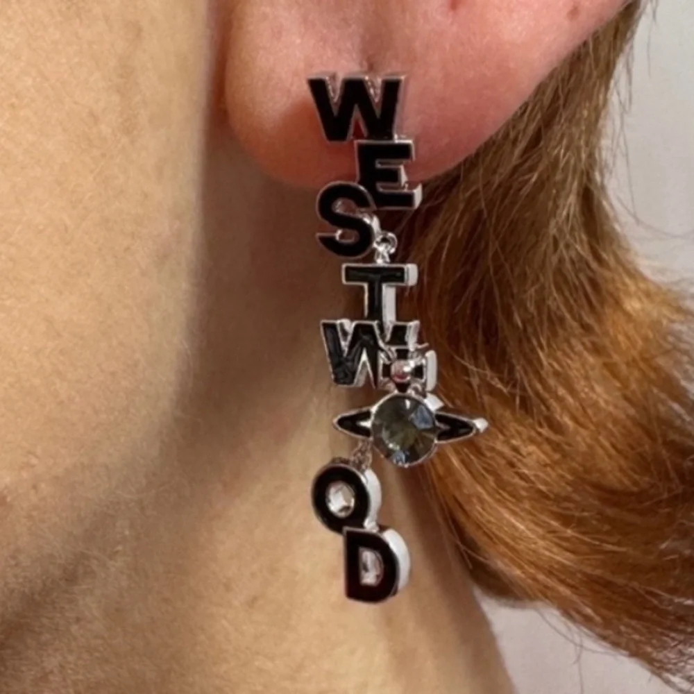 VIVIENNE WESTWOOD Soho Enamel Drop Logo Letter Earrings Blue Silver Crystal Orb - Picture 14 of 14